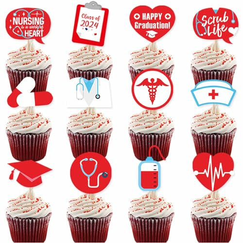 24 Pack Nursing Cupcake Toppers, Nurse Graduation Cupcake Picks for Nurse Medical Rn Themed Graduation Birthday Party Cake Decorations