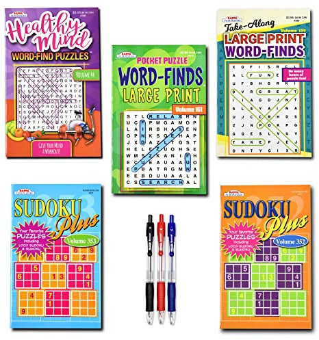 5-Pack 450+ Travel-Size Sudoku Book,Sudoku Puzzles for Adults, Large Print WordSearch Puzzle Books for Adults, Aging Seniors Brain Stimulation Variety Pack Bulk – Digest Size 8x5