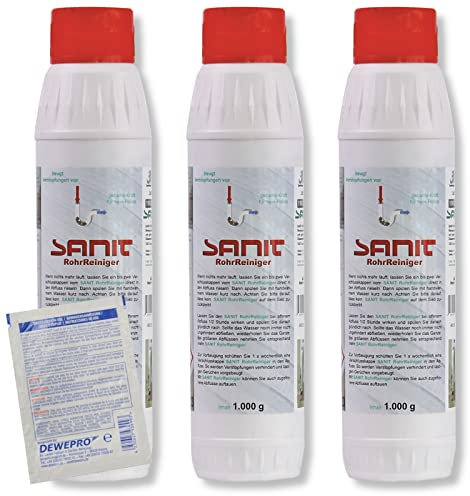 DEWEPRO-Set: SANIT RohrReiniger (3061) - 3 Flaschen à 1000g - Granulat-Rohrreiniger zur selbsttätigen Beseitigung von Verstopfungen in Rohren und Siphons, inkl. 1 St. DEWEPRO® Single Scrubs