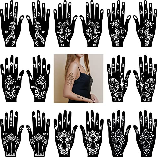 Lot de 16 pochoirs au henné pour femme - Pour les doigts et le corps - Pour tatouages temporaires - Pour filles