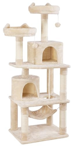 Yaheetech Kratzbaum 158 cm Kartzenbaum Katzenkratzbaum, mit 2 Katzenhäusern und 2 Plattformen, Sisal Katzenmöbel stabil, Beige
