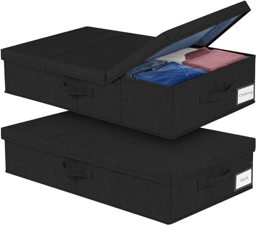 mepure 2 Pack 48L Underbed Storage, 79x40x15cm, Fabric Under Bed Storage Boxes with Lids, Large Foldable Clothes Storage Box W/Handle, Under Bed Storage Organiser for Clothes Blankets Shoes, Black