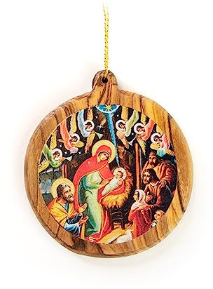 Katholische Weihnachtsschmuck – Krippe mit Hirten und Engeln runde Ikone Olivenholz Ornamente aus dem Heiligen Land – 6,3 cm kleine Holz-Weihnachtsschmuck für Baumschmuck und saisonale Dekoration