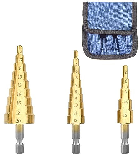 Hocansen 3 Teiliges stufenbohrer HSS Bohrer Spiralnut Stufenbohrer Metall Sechskant Verjüngung Konusbohrer mit Skala für Holz Kunststoff Stanz (3-12mm、4-12mm/20mm/JT-ZT)