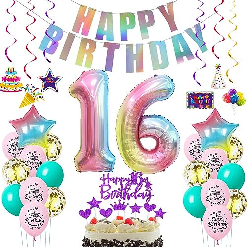 Deko 16. Geburtstag mädchen bunt,Geburtstagsdeko 16 jahre mädchen Rosa Luftballons 16 Geburtstag dekoration Regenbogen,Folienballon 16 Geburtstag deko mädchen Rosa Tortendeko 16 Geburtstag lila