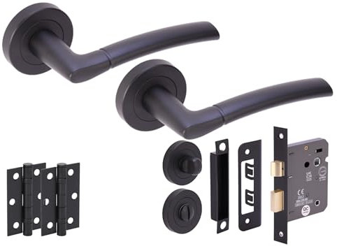 Hunta HANDLEZONE® Neemo Door Handles on Rose Bathroom Lock Pack with Ball Bearing Hinges - Black Matt