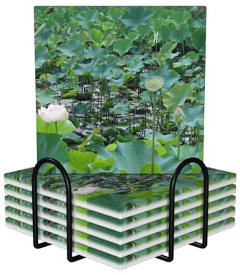 Lotus Untersetzer für Getränke, Set mit 6 Keramikuntersetzern mit Halter, saugfähig, rund, Keramiksteinmatte, Getränkeuntersetzer für Küche, Heimdekoration, Einweihungsgeschenk