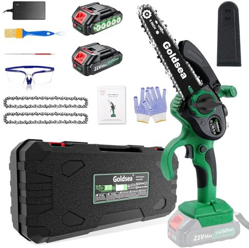 Mini Chainsaw, Electric Chainsaw, 6-Inch Cordless Chainsaw with 2 * 2000 mAh Rechargeable Batteries and Charger Portable Battery Chain Saw for Cutting Trees