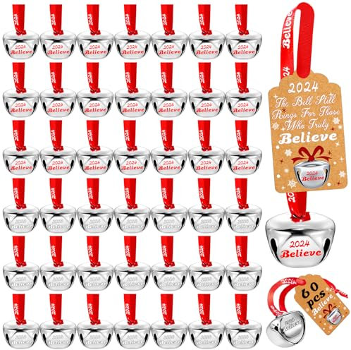 60 Sets Weihnachtsglocken Dekor Weihnachten Believe Bell Ornamente Bulk Polar Express Glockendekorationen Xmas Party Geschenke Gefälligkeiten Tags Silber Schlitten Glöckchen für