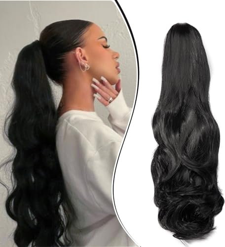 Dcbaboo Pferdeschwanz Haarteil Zopf Extension mit Klammer Wellige Lang Ponytail Extensions Haarverlängerung Clip Synthetik Gewellte Pferdeschwanz Haarextension Zopf, 45cm Schwarz