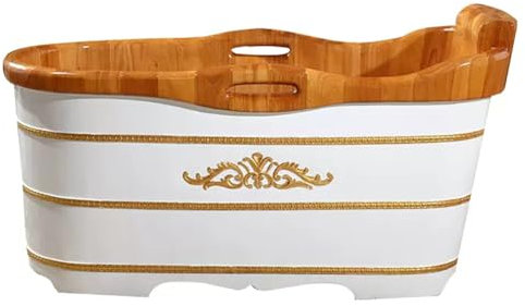 MegLob European Geschnitzte Massive Holzbadewanne, Weiße Freistehende Hölzerne Tiefe Soakin, Zeitgenössische Einweichenbadewanne Mit Armlehnen Und Popup-Abfluss,130cm/51.18