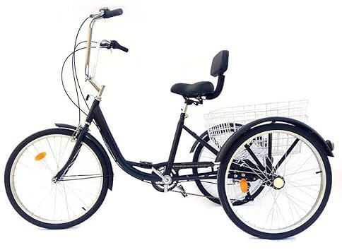 Jolre 24-Zoll-Erwachsenen-Dreirad, Erwachsenen-Dreirad 6-Gang 3-Rad-Fahrrad, Kohlenstoffstahl-Fahrrad, 3-Rad-Fahrrad mit Korb, 3-Rad-Fahrrad, 6-Gang-Erwachsenen-Dreirad. (Schwarz)