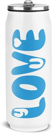 PR Print Royal Edelstahl-Trinkflasche in Cola-Dosen-Optik - Love in Blau - Geschenk für Freundin zum Geburtstag | Doppelwandig, Klappbares Mundstück mit Trinkhalm, Weiß, ca. 420 ml