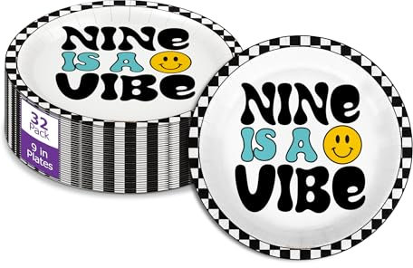 Nine is a Vibe Smiley Face Ninth Birthday - 32 Piece Disposable Party Supplies - Decorations for 9th Birthday Round Party Plates - Large 9 Paper Plates In Bulk