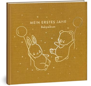Mein erstes Jahr Babyalbum - Hochwertiges Leinenbuch mit Goldprägung für die schönsten Erinnerungen - Babybuch zum Eintragen für das erste Lebensjahr - Baby Geschenk zur Geburt (Luftballons Gold)