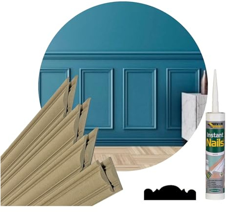 Crown Cut - Dado Style Wall Panelling Kit - Set for 3 Frames and 2 Metres Rail - Pack Covers 2 Metre Wall - No More Nails Adhesive Included + Instruction - Decorative Moulding Wood
