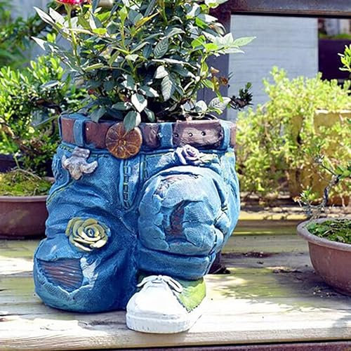 Kolarmo Kreativer Blumentopf aus Kunstharz, Blumen-Pflanztöpfe, Retro-Jeans-Form, Gartenfiguren, Übertopf, DIY-Blumentöpfe für Zuhause, Rasen, Hof, Außendekoration (kniende)