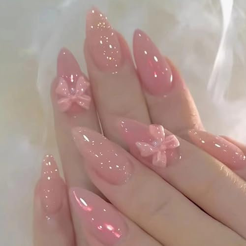 Boloshine 24 Pcs False Nails Medium Length, Pink Bow Press on Nails Almond in 12 Sizes, Acrylic Pink Tip Stick on Nails Full Cover Fake Nails Women Girls Nail Art Accessories