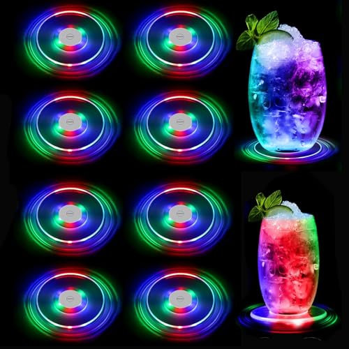 UNISOPH Upgrade Leuchtende Untersetzer Für Gläser, 8-Teiliges Set Led Untersetzer Mit 3 RGB-Lichtmodi, Leuchtende Untersetzer, Led Untersetzer Für Gläser, Whisky Glas, Party Bar KTV