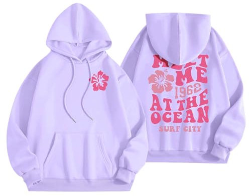 Generic Women's Girls Cute Purple Puff Hoodie Letter Print Casual Graphic Drawstring Pullover with Kangaroo Pocket