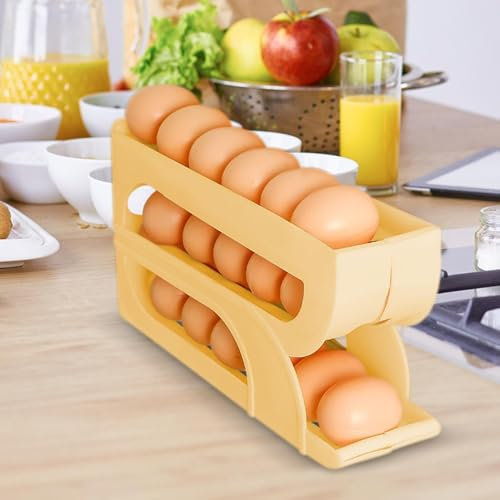 28x7x13,5cm Distributeur D'œufs Pour Réfrigérateur, Jaune Rangement Oeuf Pour Réfrigérateur, Istributeur Automatique D'œufs, Support À Rouler Les Œufs Automatique À 3 Niveaux, Rangement Oeufs Frigo