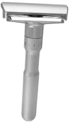 Manueller Sicherheitsrasierer aus Metall mit 6 Einstellungen | Zinklegierung, Twist To Open Mechanismus, Doppelseitige Klingen, 5 Stück, Silber