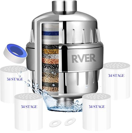 RVER 34 Stage Shower Filter with Vitamin C for Hard Water, Water Softener Shower Head with Replaceable Multi-Stage Shower Head Filter, Removes Chlorine, Fluoride (34 Stage Shower Filter/4 Cartridges)