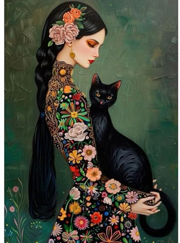 QENSPE Klassische Diamond Painting Set für Erwachsene, 5D Diamond Painting Dame und Schwarze Katze Diamond Art Anfänger DIY Kristall Strass Diamant Kunst Handwerk für Home Wand Dekor 30x40 cm