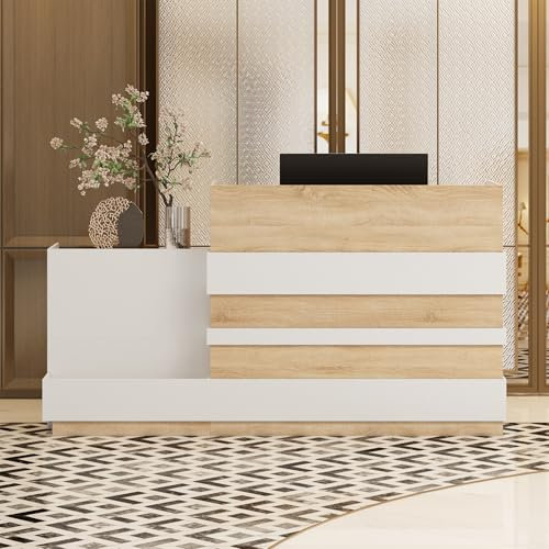 DEZAGCE Rezeptionstheke, Empfangstheke, Empfangstresen, Rezeptionstisch,Rezeptionstheke, Empfangstresen, Rezeption-Tisch, Rezeptionsmöbel, Bürotheke,222 cm x 64 cm x 120 cm,Weiß + Eichenholz