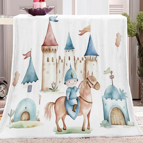 Kuscheldecke Flauschig Decke 130 x 150 cm Wohndecke Couchdecke Mikrofaser Sofaüberwurf Tagesdecke weiche warme Sofadecke mit Aquarell Burg Ritter Motiv Hellblau
