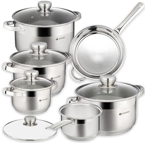 Daniks Standard Batteria di Pentole Acciaio Inox con Coperchi, Casseruole per Induzione, 8 Pezzi: 16/18/20/24 cm, Padelle 22 cm, Scala di Misura, Argento