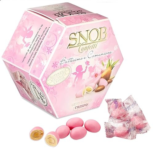 Confetti Snob Rosa Crispo Lieto Evento, per Battesimo e Comunione con Mandorla e Cioccolato Bianco, Made in Italy per Bomboniera Confettata da Femmina, Confezionati Singolarmente 500 gr