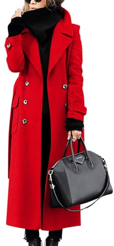 ebossy Women‘s Winter Double Breasted Wool Coat Elegant Notched Lapel Belted Maxi Long Pea Trench Coat