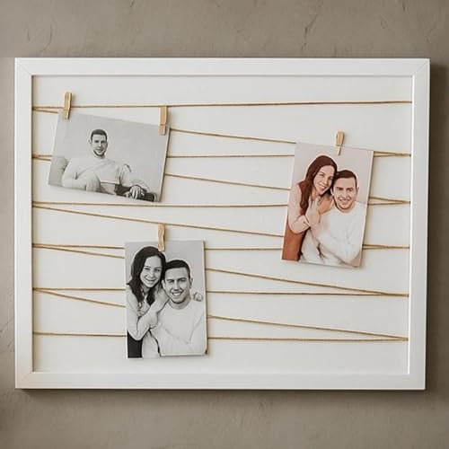 HolzHarmonie Bilderrahmen mit Klammern und Leine 43x53cm mit 10 Klammern I Hochwertiger Fotorahmen für mehrere Fotos aus Holz I Polaroid Bilderrahmen weiß I mit Schnur I Polaroid Rahmen