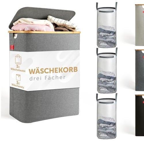 Blumtal Wäschekorb 3 Fächer 150L mit 3 herausnehmbarem Wäschesäcken - Wäschekorb grau - Wäschesammler 3 Fächer - Pfandflaschen Sammelbehälter - laundry basket mit Deckel - Wäschebox