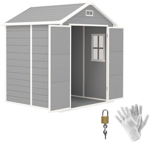 Outsunny Gerätehaus 2,4m², Wasserdicht Gartenhaus mit Boden Pultdach, 182x151x219/181 cm, Geräteschuppen mit Abschließbar Tür, Fenster, Fahrradgarage aus Kunststoff für Hinterhof, Garten, Grau
