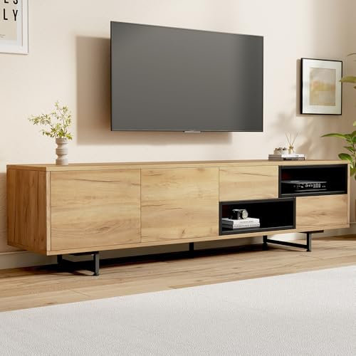 Fppuueg Mueble para TV de 173 cm, Soporte para TV de 75 Pulgadas con Puertas, Patas de Madera Maciza y cajones, Armario Bajo con Espacio de Almacenamiento para Salón Dormitorio, Roble D