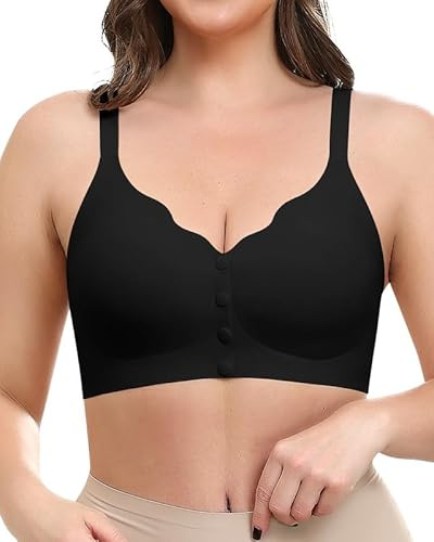 Jiuday Vorne Verschluss BH Damen ohne Bügel Starker Halt Bequemer Nahtloser Stütz BHS für ältere Frauen Postoperativer Still Seamless Soft Gepolstert Bralette (Schwarz,XL)