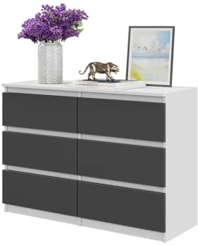Furnica Kommode 100cm Sideboard mit 6 Schubladen - 100x71x33cm (Weiß Matt/Anthrazit Grau)