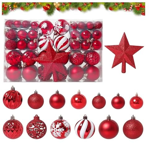 BBWELL Weihnachtskugeln 101-teiliges Set,Rot Weihnachtskugeln,15 cm Baumspitze Stern & 100 Kuge,Weihnachtskugelns Kunststoff - Weihnachtsbaum Deko & Christbaumschmuck,Christbaumkugel ∅ 3, 4 & 6 cm
