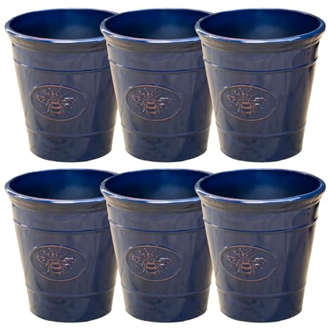Darthome Navy Blue Embossed Bee Garden Planter 22x23x22cm Ceramic Effect Plastic Round Flower Pot (6)