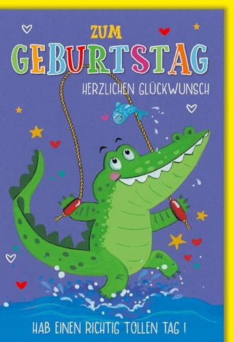 Geburtstagskarte für Kinder - Kinder - Fröhliches Krokodil mit Luftballons und bunten Herzen - Klappkarte mit Umschlag Glückwunschkarte Geburtstag für Eltern