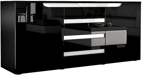 Vladon Sideboard Sylt V1, Kommode mit 2 Türen und 4 Schubladen, Korpus - Anthrazit matt/Front - Schwarz Hochglanz/Absetzung - Weiß Hochglanz (138,5 x 75,5 x 35 cm)