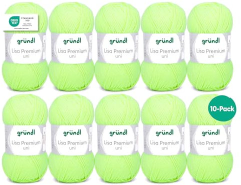 Gründl Wolle Lisa Premium uni - 10 x 50 g - Wolle zum Häkeln - Wolle zum Stricken - 100 % Polyacryl- Weich & Pflegeleicht- Nadelstärke 3,5-4,5 - Neongelb