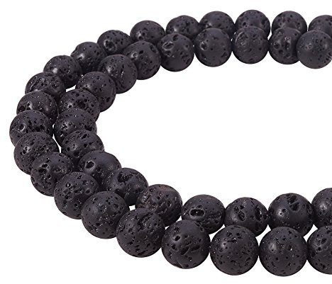 PandaHall Elite – aproximadamente 47 unidades de hilo de 8 mm de perlas de lava natural, perlas redondas de piedra de lava para pulsera collar DIY joyas, color negro, agujero: 1 mm, 15 pulgadas