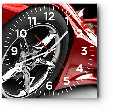 Modern Wanduhr Sportwagen Rad Felge 30x30cm Quadrat Klein Wand Uhr Glas Analog Zimmeruhren Küche Büro Wohnzimmer Glasuhr Wall Clock Dekoration Design Wanddekoration Küchenuhr C4AC30x30-0454