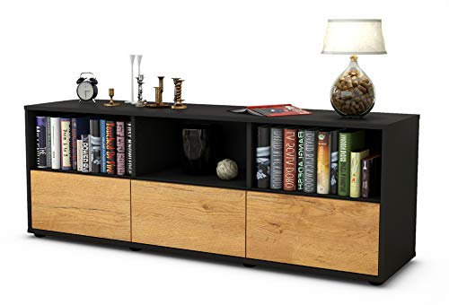 Stil.Zeit TV Schrank Lowboard Amalia, Korpus anthrazit matt, Front Holz Design Eiche (135x49x35cm), Push to Open Technik & Leichtlaufschienen