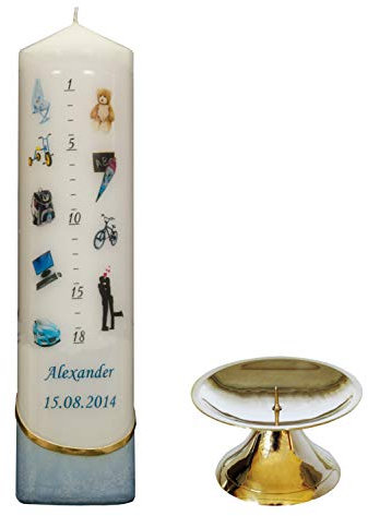 generisch Lebenslicht/Geburtskerze/Geburtstagskerze - blau - ca. 60 x 240 mm - farbig getaucht - personalisiert mit indiv. Name und Datum - inkl. Kerzenständer aus Messing - Auswahl Farbe + Motiv #4