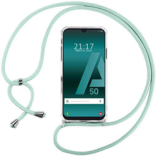 Ingen Handykette kompatibel mit Samsung Galaxy A50, Transparent Hülle mit Einstellbar Kordel zum Umhängen, Crystal Silikon Handyhülle Stoßfest - Grün