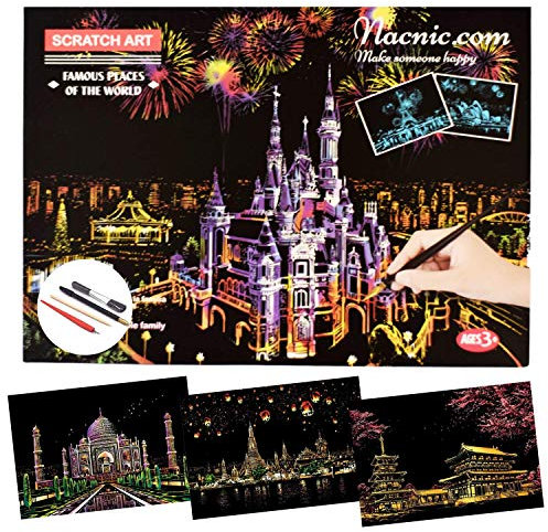 Nacnic Scratch-Art Blätter. DIY Kunsthandwerk für Erwachsene und Kinder. Kratzpapier mit bunten Hintergründen zum Zeichnen. Taj Mahal, Chiang Mai und Thailand. 40,5 x 28,5 cm, 3-Blatt Set.